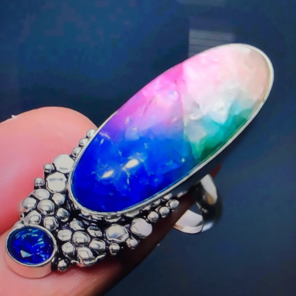 Solar Quartz Blue Topaz Stampd 925 Sterling Silver Ring